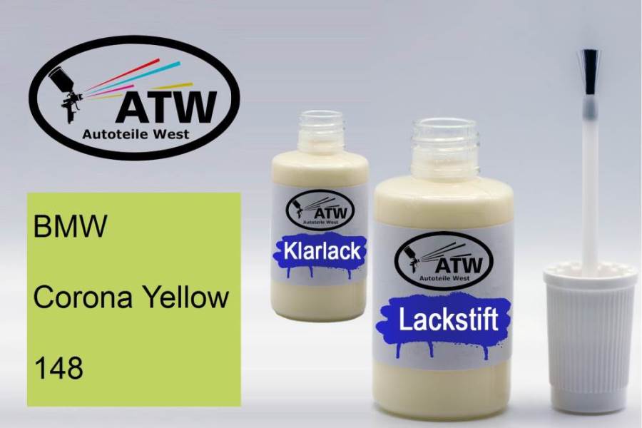 BMW, Corona Yellow, 148: 20ml Lackstift + 20ml Klarlack - Set, von ATW Autoteile West.